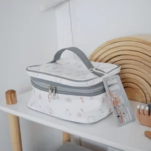 Kids pretend makeup toy handbag set with cosmetic pattern and wooden accessories for girls.