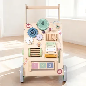 Wooden baby walker activity center early education push toy with interactive gears clock