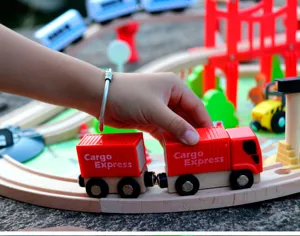 Children wooden train track toy set with cargo truck and bridge for boys kids gift