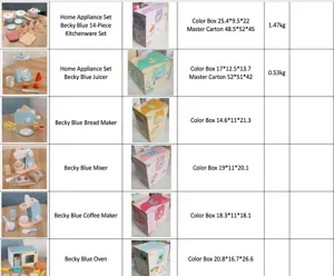 Children wooden pretend play kitchen toy set specification chart with size and packing details.