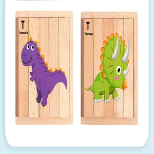 Kids wooden block puzzle toy with cute cartoon dinosaur patterns for early education learning.