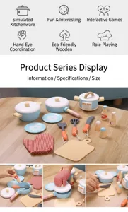 Detailed view of wooden pretend play kitchen toy set, featuring colorful pots, pans, and utensils.