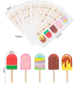 Wooden ice cream popsicle toy set with cute counting cards for kids pretend play details.