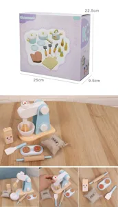 Detailed shot of wooden kitchen mixer toy set, including miniature bowl, milk and accessories.