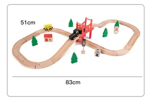 Detailed top view of wooden train track set layout showing full dimensions and components clearly.