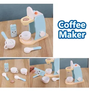 Detailed view of wooden pretend play coffee maker toy set, featuring cups, spoons and milk box.