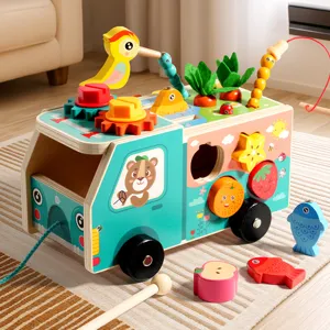 Voiture Jouet de Ferme en Bois Éducatif Forme Assortie Multifonctionnel Tout-Petits Apprentissage Précoce Tirage Carotte Enfants