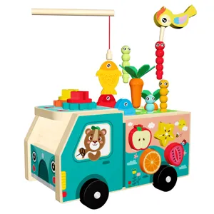 Voiture jouet éducative en bois pour enfants avec tri de formes et pêche magnétique.