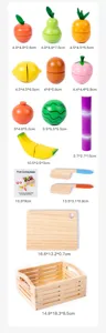 Wooden cutting fruit toy set with various vegetables, knife, cutting board and storage crate.