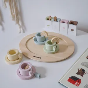 Wooden afternoon tea toy set for kids, pastel coffee cup and tray pretend play kitchen toy.