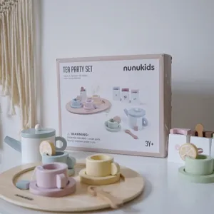 Wooden afternoon tea toy set for kids, kitchen pretend play gift with cups, teapot and tray.