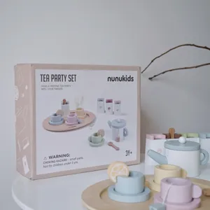 Wooden afternoon tea set toy details, cute pretend play kitchen toys for kids toddlers.
