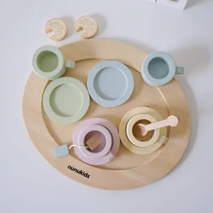 Wooden afternoon tea toy set for kids pretend play kitchen cute pastel design with tray cups