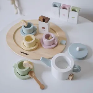 Wooden afternoon tea toy set for kids, kitchen pretend play toys with cups, teapot and tray.