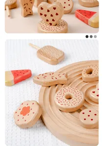 Wooden pretend play toy kitchen set featuring beechwood donut ice cream and biscuits detail view.