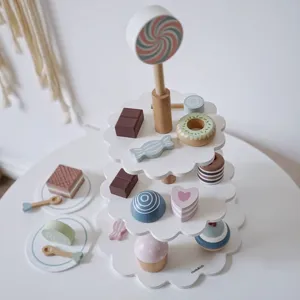 Wooden Afternoon Tea Cake Stand Toy Kitchen Pretend Play Set Educational Birthday Gift For Kids Children