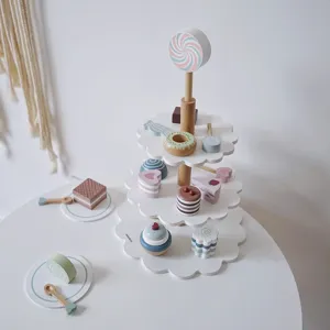 Wooden afternoon tea cake stand toy set for kids, pretend play kitchen dessert gift for girls.