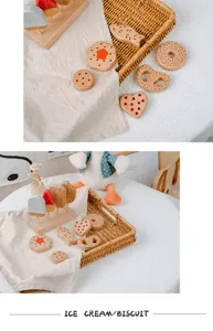 Wooden ice cream donut biscuit kitchen toys set detail, beech wood play food for kids gift.