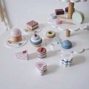 Wooden pretend play afternoon tea cake toy set for kids, cute wooden dessert detail shot.