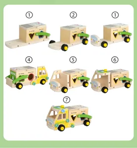 Wooden toy assembly steps detail, showing nut and screw disassembly structure for kids learning.