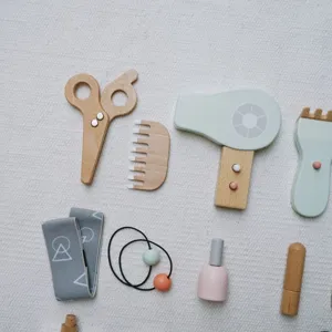 Wooden children pretend play hair salon toy set accessories detail view, safe eco-friendly material.