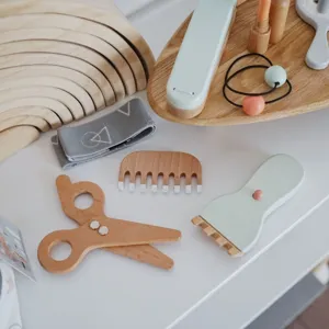 Wooden children pretend play hair salon toy set, miniature wooden scissors comb makeup accessories.