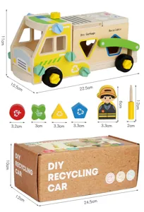 Wooden DIY recycling truck toy set with building blocks, nuts, screws, and tools for kids learning.
