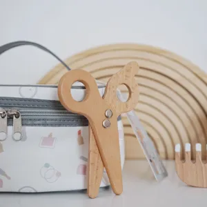 Wooden makeup and hair salon toy set for kids, featuring safe toy scissors, comb, and cosmetic bag.