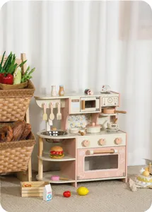 Wooden pretend play kitchen toy set with coffee machine for kids interactive cooking fun.