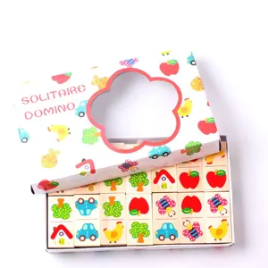 Kids wooden dominoes puzzle toy set with cute pattern blocks and storage box for early learning.