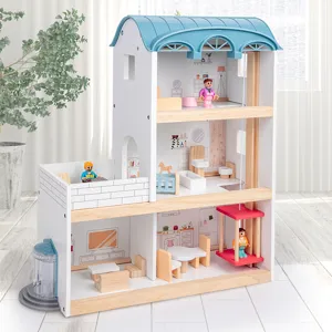 Casa delle bambole in legno stile nordico per bambini, villa principessa multilivello con mobili.