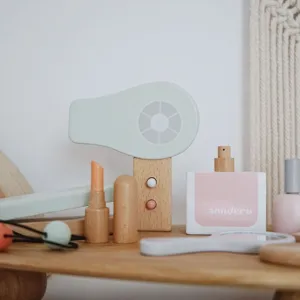 Wooden makeup toy set for kids, pretend play wooden hairdryer lipstick and perfume detail view