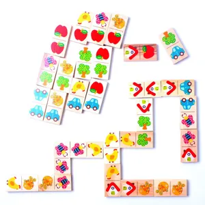 Kids wooden dominoes puzzle educational toys set, colorful animal fruit pattern blocks for kids.