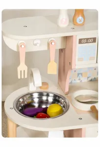 Wooden pretend play kitchen toy set with sink, faucet and cooking accessories for kids.