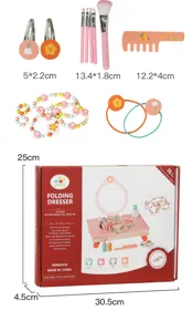 Wooden folding kids pretend play makeup dresser toy set with vanity accessories and gift box.