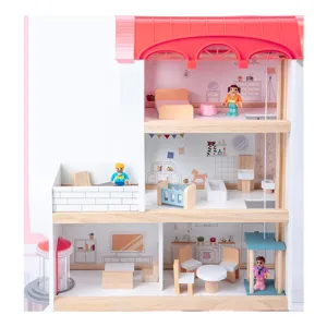 Casa delle bambole in legno stile nordico per bambini, villa gioco con mobili e personaggi.