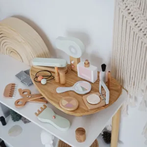 Wooden kids makeup and hair salon toy set with cute wooden accessories for pretend play.
