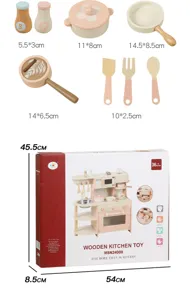 Wooden kitchen toy set for kids, simulation cooking accessories with packaging and size specs.