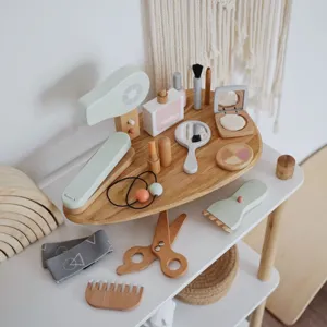 Wooden makeup toy detail set featuring miniature hair dryer, comb, perfume and mirror for kids.