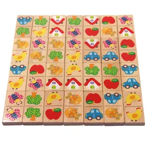 Children wooden dominoes puzzle toy set featuring colorful cute animal and plant blocks.