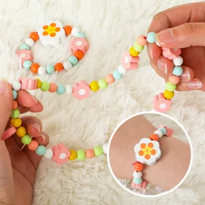 Children wooden bead necklace bracelet toy colorful flower shaped wooden beads educational toy