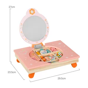 Wooden folding storage vanity toy for kids pretend play makeup set with mirror and beads