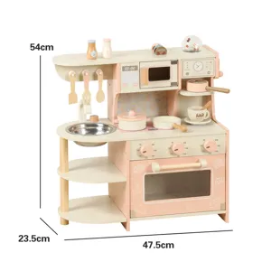 Wooden pretend play kitchen toy for kids, pink and beige cooking set with accessories.