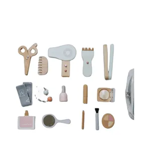 Wooden kids makeup and hair salon toy set with cute pink pouch, safe pretend play toys for girls.