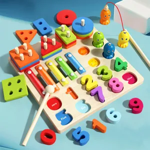 Wooden multi-function educational toy set with xylophone numbers shapes and fishing game