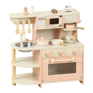 Wooden kids play kitchen toy set with coffee machine and stove for interactive role play