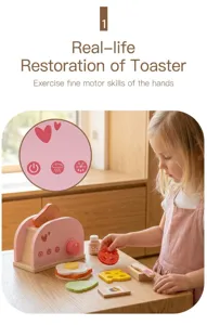 Wooden simulation toaster toy set for kids, wooden play kitchen cooking food toys for fun.