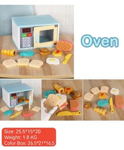 Detailed view of wooden microwave kitchen toy set with food accessories, safe for kids play.