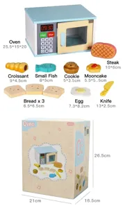 Wooden play kitchen microwave oven toy set with realistic food accessories for kids pretend play.