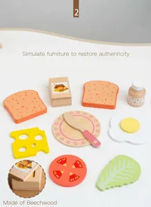 Wooden pretend play kitchen food toy set, realistic wooden breakfast accessories for kids.